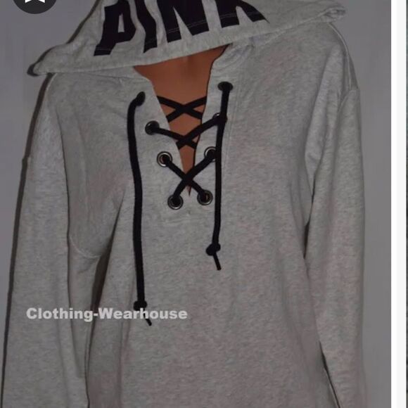 vS Pink grey lace up hooded sweatshirt& matching lace up joggers sweatsuit  trac - Picture 3 of 13